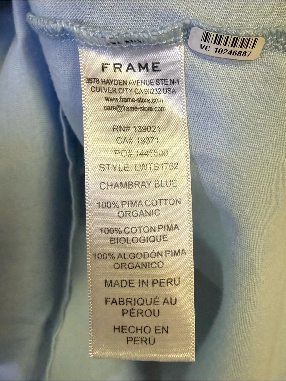 Frame Denim Le Mid Muscle Crew Light Blue Cotton Tee XS